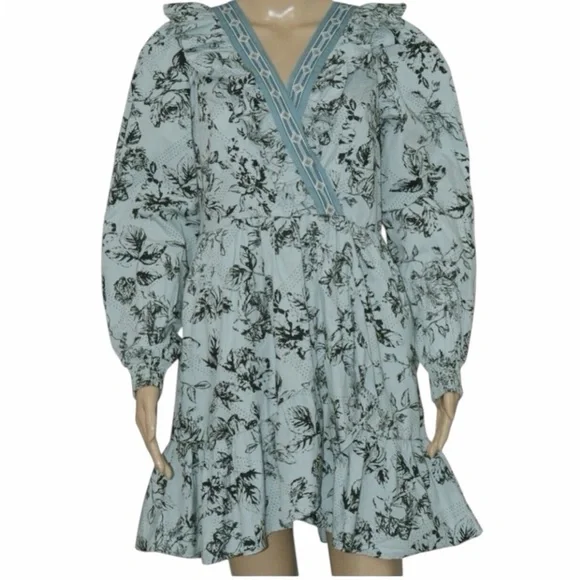 ANTHROPOLOGIE Light Blue and Black Floral Long Sleeve Mini Ruffled Dress XXS - Picture 4 of 5